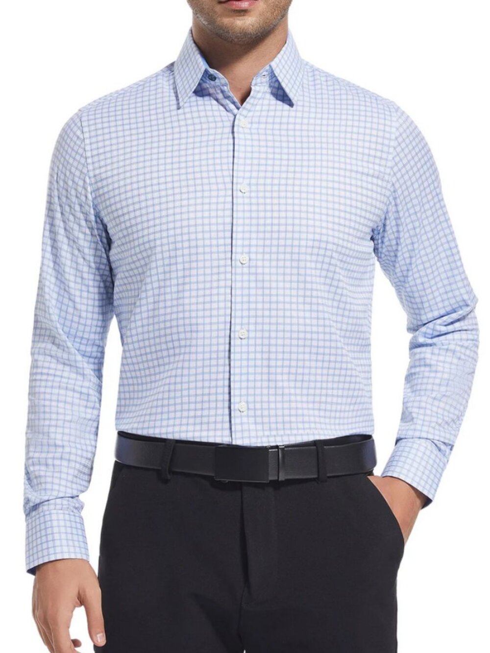 Duchamp Men's Slim Fit Cotton Stretch Dress Shirt, Light Color Blue, Size 16 L